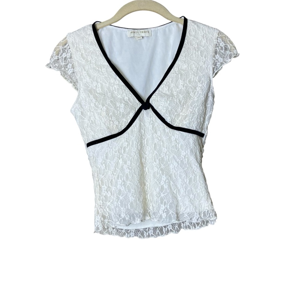 90s Y2K White Lace Coquette Top Small V-Neck Black Piping Sheer Fairycore Blouse - Picture 1 of 3